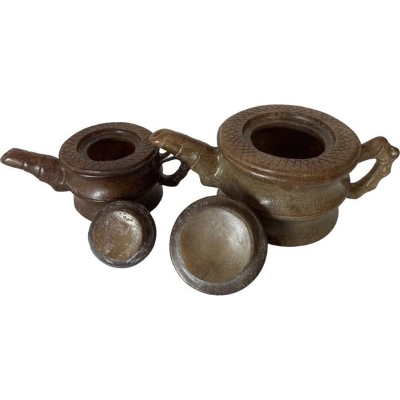 Soapstone Teapot Vintage Asian Carved Soapstone Mini Set of 2 Brown - Picture 3 of 6
